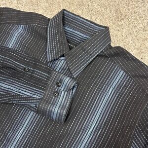 Jhane Barnes Button Up Shirt Large Blue Black Striped Long Sleeve Made in Italy